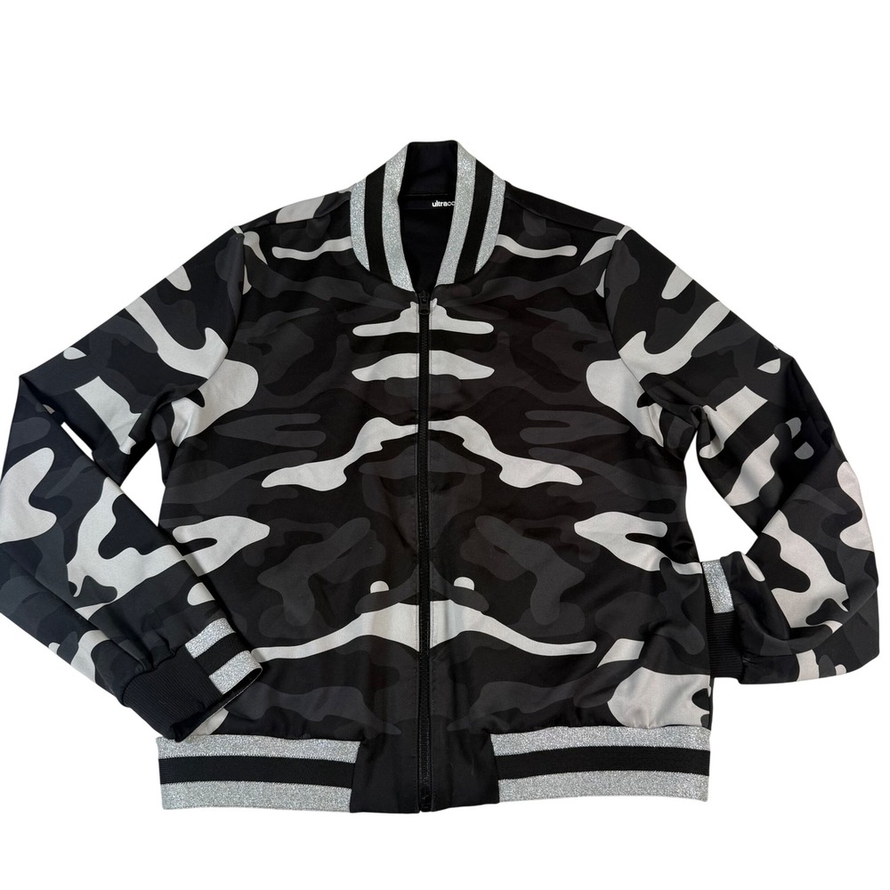 Ultracor Camo Bomber‎ Jacket Mens M Black Gray Metallic Trim Zip Up Athleisure